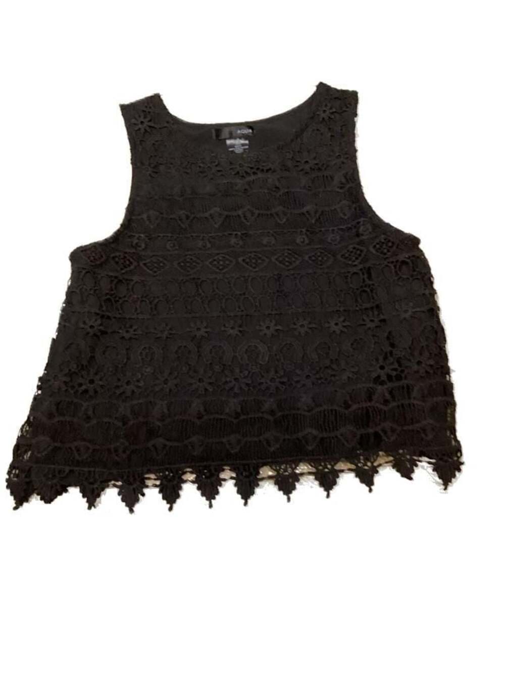 AQUA Black Geometric Lace Crochet Cropped Tank Top